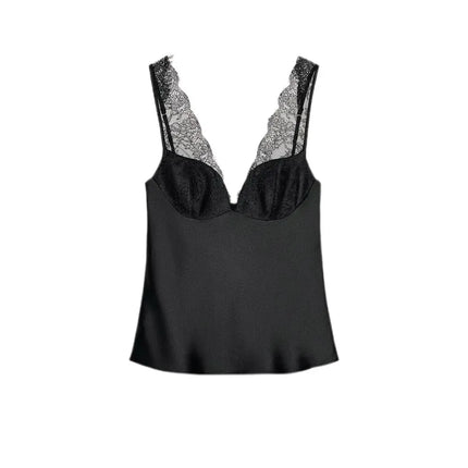 Sexy Black Lace Patchwork Satin Vest Women Elegant Sleeveless See Through V-neck Loose Vests 2025 Lady Vacation Party Chic Wear