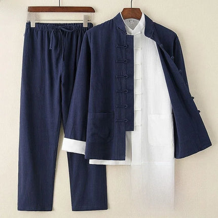 Men's Spring Summer Chinese Style Cotton Linen Long Sleeve Two-Piece Set Traditional Clothing Loose Fit Square Collar Shirt