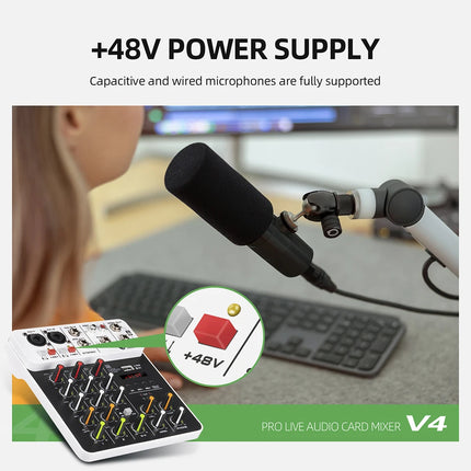 Debra NEW V4 Audio Mixing Console Bluetooth USB Record PC 48V Phantom Power Delay Repaeat Effect 4 Channels USB Audio Mixer.