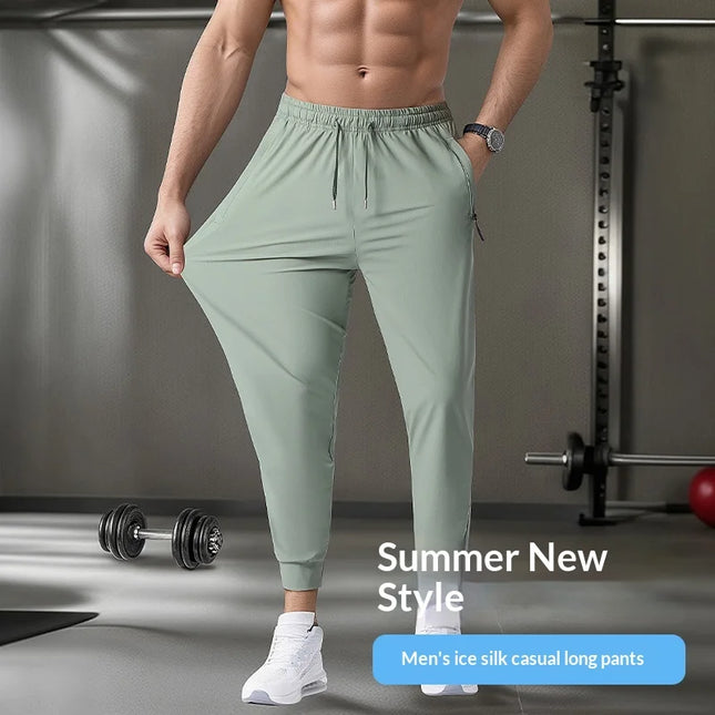 Men's Ice Silk Quick-Dry Pants Summer Lightweight Breathable Joggers with Zipper Pockets Elastic Waist Casual Sports Trousers Fo