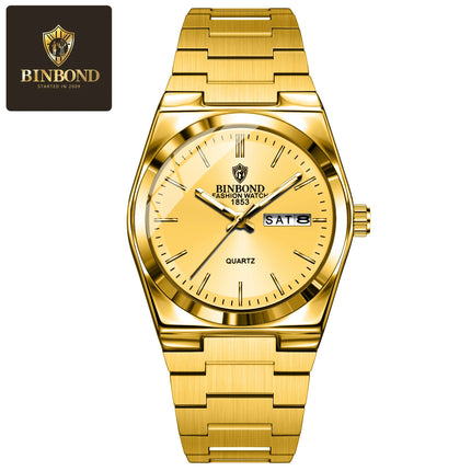 BINBOND 102 Couple Quartz Watch Men's Original Watch Waterproof Night Light Date Week Stainless Steel Men's and Women's Watch