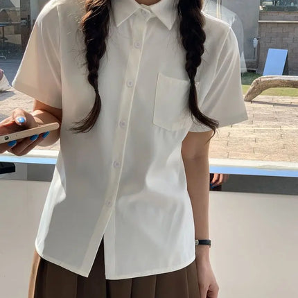 Summer White Loose Fit Shirt American Versatile Salt Series All-Match Pure Color Simple Slimming Student Top Women's Fashion