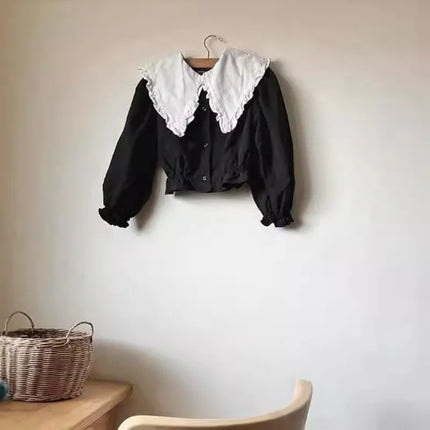 Classic Girls Elegant Ruffle Collar Blouse Long Sleeve Shirt Japanese Style Color Block Top Cotton Linen Shirts for Children