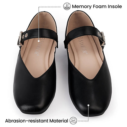 Mary Jane Shoes Female Genuine Leather  V-Cut Snap Ballet Shoes Women Square Toe Flat Cowhide Ladies Shoes