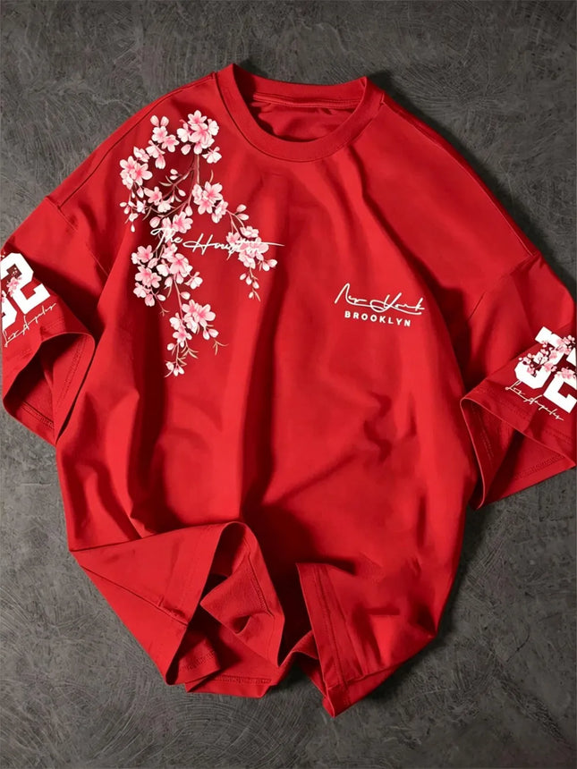 Hot selling summer men's Brooklyn cherry blossom letter print comfortable and breathable round neck T-shirt outdoor street top