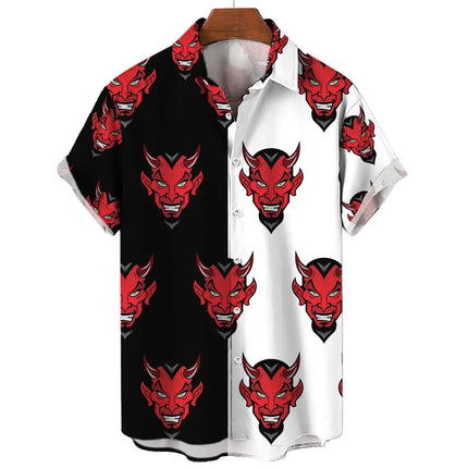Devil Pattern Men's Shirts Oversized Shirt Loose Casual Double Patchwork Red Imp Party Festival Camisas Original