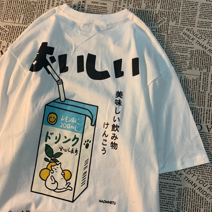Cute Japanese Cat Print Oversized T-shirt Women Men Short Sleeve Loose Casual Tee Shirt Streetwear Tops Harajuku Clothing