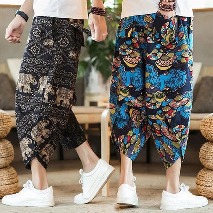 Harajuku Summer Loose Calf Length Casual Pants Men Wide Leg Cotton Linen Printing Baggy Pants Oversize Men's Trousers