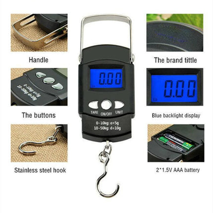 110lb/50kg Electronic Scale Blue Backlight LCD Display with Measuring Rule Tape Balance Digital Fishing Hanging Hook Scale Tool