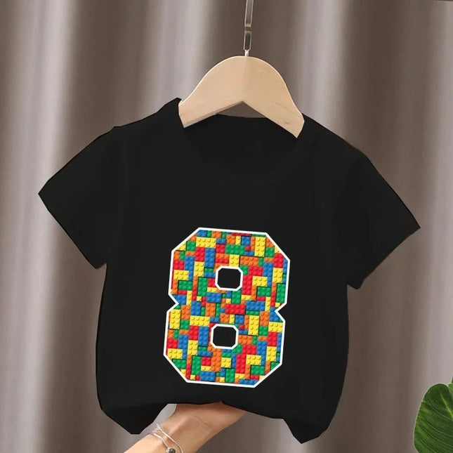 Summer Cotton Children's T-Shirt Building Blocks Bricks Print Number Cartoon Kid 2-9Y Birthday Funny Baby Tee Top Boy Girl Clothes