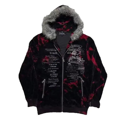 New Gothic geometric print red gradient zipper hoodie women fashion high street fur collar loose sweatshirt for men and women