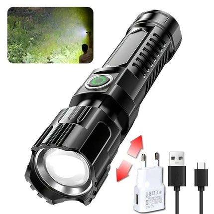 Rechargeable Zoom LED Flashlight Handheld Torch with 3 Modes Waterproof High Power Light Hand Lamp For Working Outdoor Camping