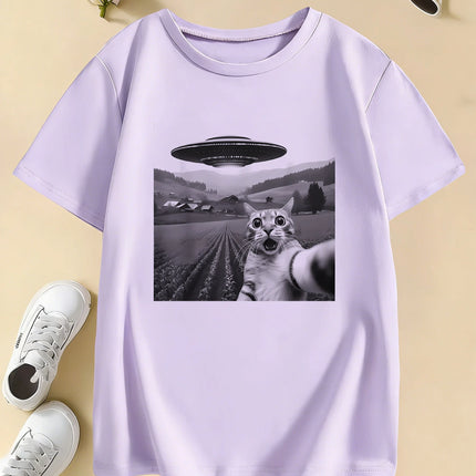 Funny Casual Ufo Cat Kawaii Design Print T Shirts Kids Children's T-shirt Anime Boys Girls Summer Spring Casual Top Tee