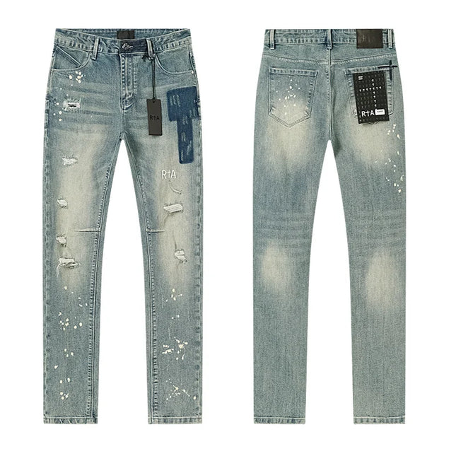 2025 New Destroyed Scratch Hole Men's High Street Slim Fit Skinny Light black embroidery Denim Jeans Pants