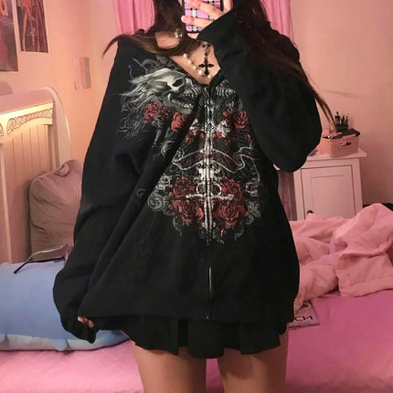 Combhasaki Women Y2K Vintage Grunge Gothic Loose Coat Long Sleeve Skull Print Sweatshirt Outwear with Pocket Jacket with Zipper