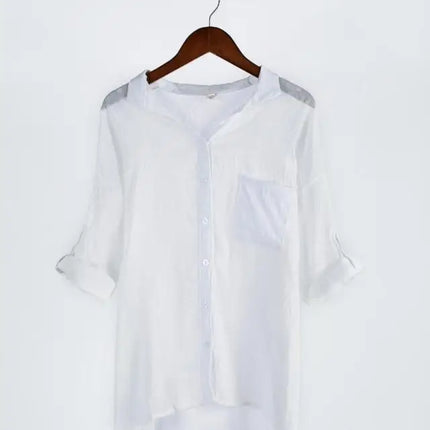 Women's Japanese Style Sun-Protective Linen Shirt Loose 3/4 Sleeve Stand-Up Collar Fresh And Comfortable Linen Blend