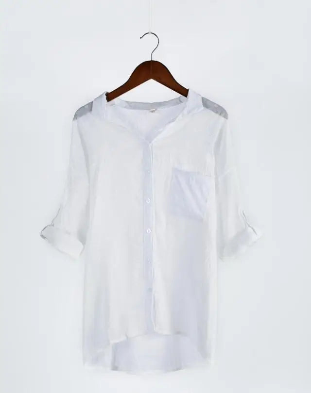 Women's Japanese Style Sun-Protective Linen Shirt Loose 3/4 Sleeve Stand-Up Collar Fresh And Comfortable Linen Blend