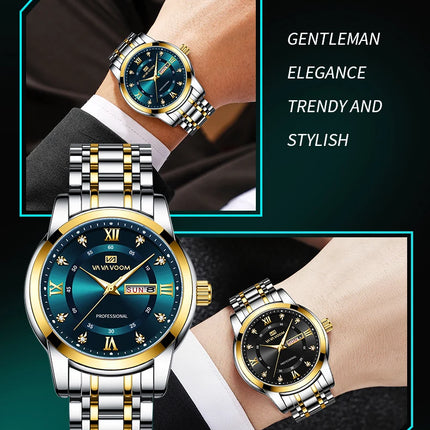 VA VA VOOM Luxury Watch Men Gold Blue Rhinestone Stainless Steel Business Style Original Quartz Movement Week Couple Men Watches