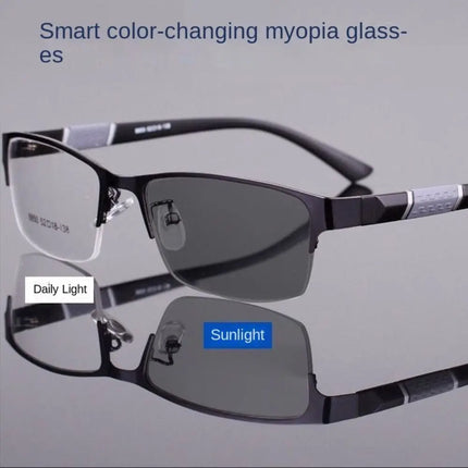 Business Men's Photochromic Myopia Glasses Unisex Half Frame Square Near Sight Eyeglasses Optical Prescription Minus Eyewear