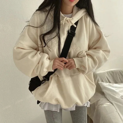 Women Plush Hooded Sweatshirt Oversized Thick Embroidery Casual Pullovers Harajuku Hip Hop Korean Loose Hoodies Sweatshirts