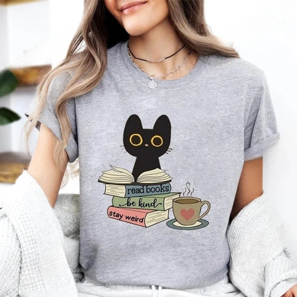 Cat Reading Design T-shirt, Women's and Girls' Sizes, A Perfect Gift for Book Lovers and Cat Owners - A Summer Book-themed T-shirt