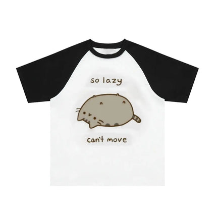 Japanese Polka Dot Cute Lazy Cat Print Loose T-shirt Aesthetics Kawaii Cartoon Tops Women's Sweet Harajuku Grunge Tees Y2k Tops
