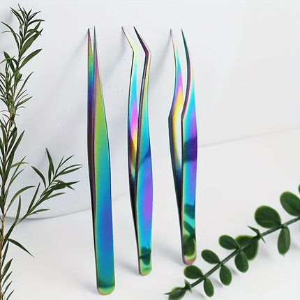 Three-piece Stainless Steel Tweezer Set - Unscented, Anti-static Precision Tweezers for Eyelash Extensions Beauty Tool