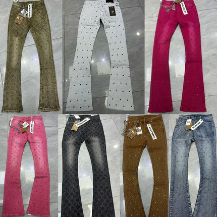2026 Rhinestone Men's High Street Quality Slim Fit Skinny Long Denim Flared Jeans Pants