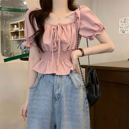 French Style Bubble Sleeve Shirt Women's Short Sweet Sensation Waist Cinched One Shoulder Top Polyester Blend Regular Sleeve