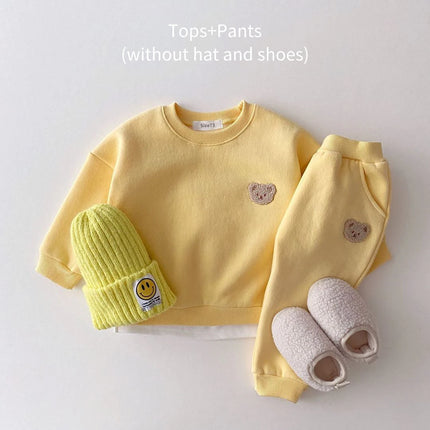 Korean Kids Bear Embroidery Fleece Pullover Set 1-5yrs Sweatshirt Tops+Harem Jogger Pants Suits 2pcs Girls Fleece Lined Clothes