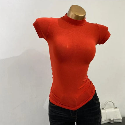 Semi-sheer high-neck T-shirt, Korean style, short-sleeved, slim-fit, elastic, solid inner layering shirt, sexy, for large busts