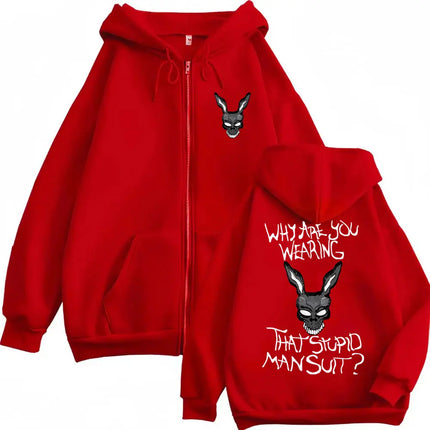Movie Donnie Darko Why You Wearing That Stupid Man Suit Zipper Hoodie Men Casual Vintage Zip Up Jacket Male Oversized Sweatshirt