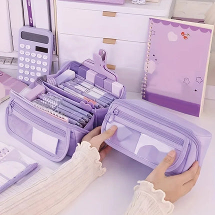 Large Capacity Pencil Case Organizer - Multi-Compartment Desktop Storage for School & Office Supplies ( Pink/Purple/Black)