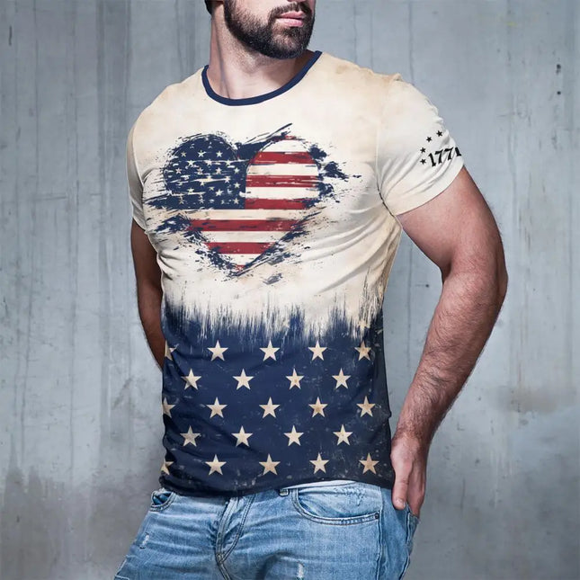 Retro American Flag Style 3D Print T-shirt Summer Eagle Heart Graphic Tee Street Unisex Sports Casual Breathable Short Sleeve