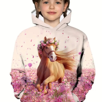 Cool Horse Girl Clothes Animals 3D Print Autumn Long Sleeve Hoodies Loose Lightweight Sweatshirt Comfortable Children's Clothing