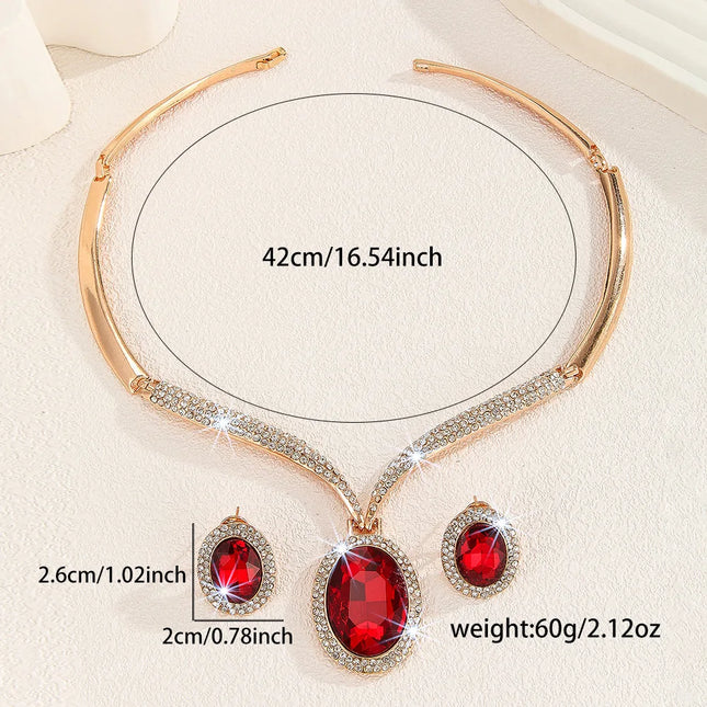 Luxury Red Crystal Necklace Earrings Jewelry Set for Women