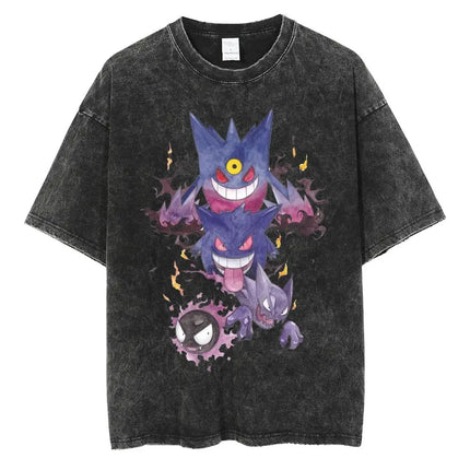 Pokemon Gastly Haunter Gengar T Shirt Men 2026 Summer Vintage Acid Wash Oversized Tee Japanese Anime Streetwear Hip Hop Harajuku