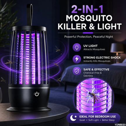 2 in 1 Mosquito Killer Lamp UV Light Insect Trap USB Rechargeable Quiet Night Light Bug Zapper for Home Bedroom Camping Outdoor