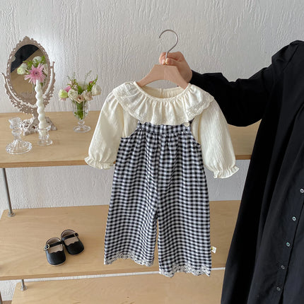 Baby set: Autumn girl baby lapel long-sleeved top + plaid overalls set, sweet and stylish princess set