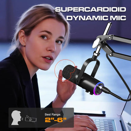 XLR/USB Podcast Microphone, Gaming Mic with Mute Button, Reverb Effects, Noise Cancellation, Boom Arm Stand, Headphones Jack