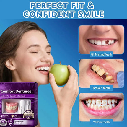 Moldable Silicone False Teeth for Men & Women, Upper Lower Set Fix Smile Fast, Free Denture Toothpaste & Toothbrush Included