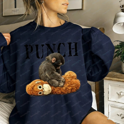 Punch Cozy Kawaii Autumn and Winter Sweatshirt Baby Monkey and Plush Toy Animal Lover Gift Cute Viral Matching Hoodies Pullover
