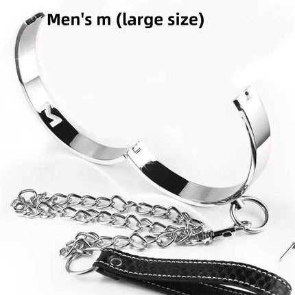 Stainless Steel BDSM Neck Collar with Leash Ring Adjustable Metal Slave Choker for Bondage Role Play Adult Toy for Women and Men