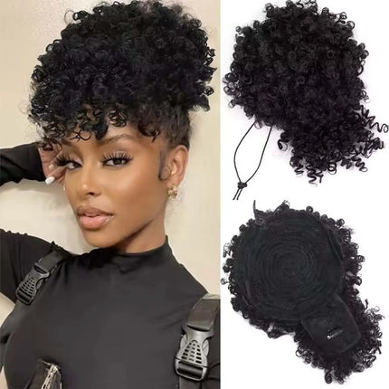 Synthetic Afro Puff Kinky Curly Hair Updo Ponytail Extension with Bangs Drawstring Ponytail for Black Women, Afro Hair Ponytail