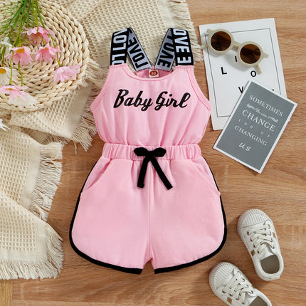 Toddler Kids Baby Girls Summer Romper, Sleeveless Crew Neck Letter Print Short Jumpsuit Elastic Waist Clothes 9M-4T