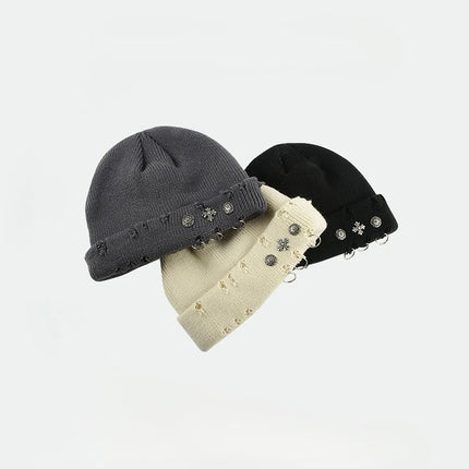Street hip-hop retro cross ring perforated woolen hat for women, yuppie knitted melon skin hat, cold hat for men