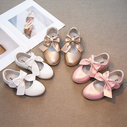 Girls Leather Shoes with Big Bow-knot Princess Sweet Classic Fashion Children Party Shoes White for Wedding Soft Anti-slippery