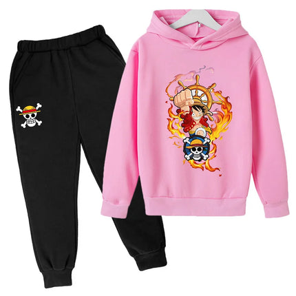 Boys Hoodie and Sweatpants Set for 3-12 Years Japanese Anime One Piece Luffy Zoro Kids Girls Casual Hooded Sweatshirt Tops