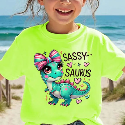 Girls' Kawaii Cartoon Dinosaur Graphic T-Shirt Cute Pink Bow Hearts Print T-Shirt Kids Short Sleeve Tee Y2k Children's Clothing
