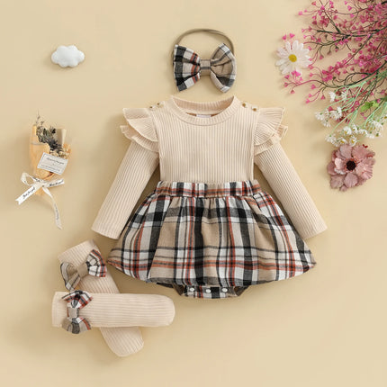 Pudcoco Baby Girl Fall Outfits Long Sleeve Plaid Print Skirt Bodysuit with Headband Socks Set Infant Clothes 0-18M